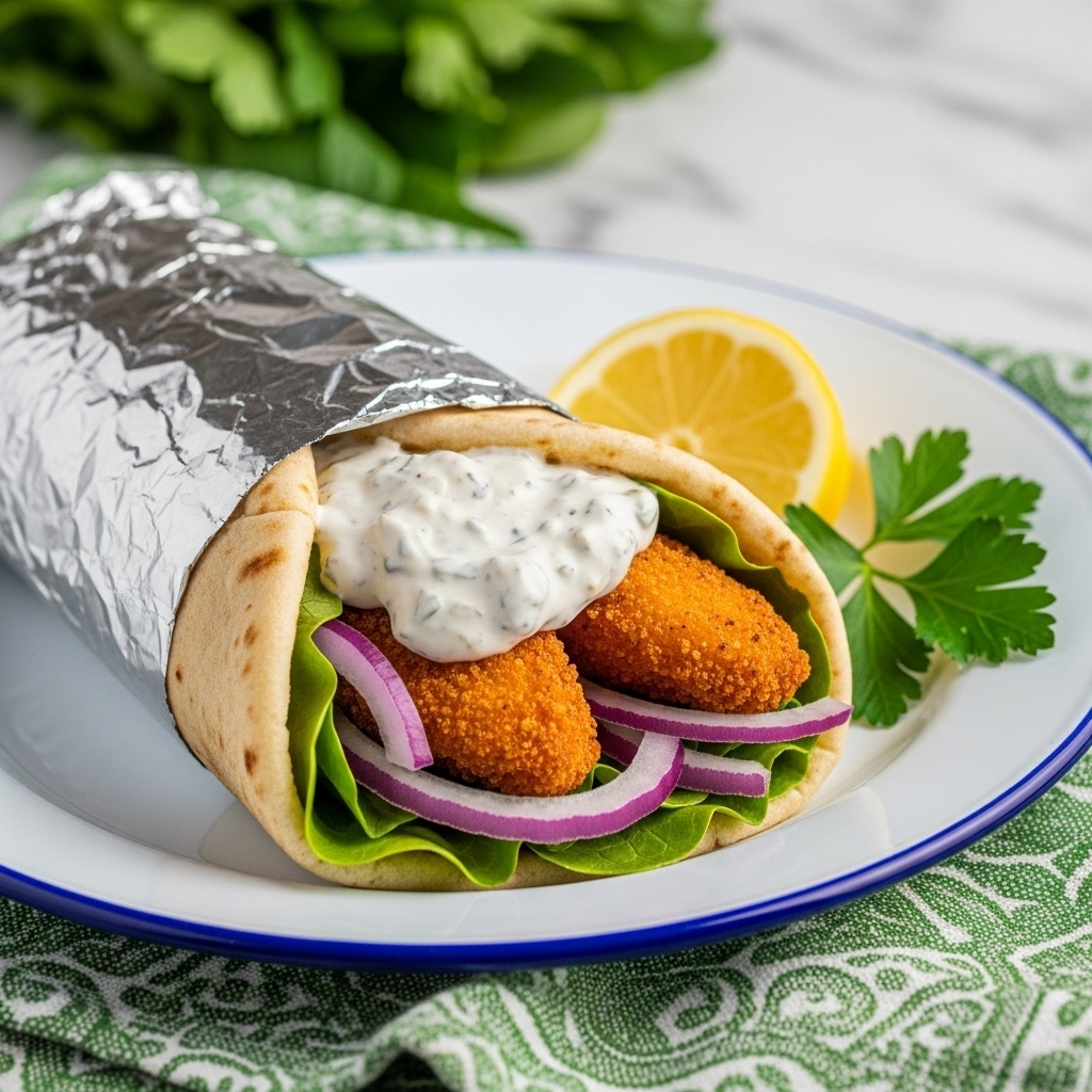 A pita wrap is partially wrapped in shiny aluminum foil, placed on a white plate with a blue rim, resting on a green and white cloth with patterns. The wrap shows layers inside: green leafy lettuce at the bottom, thin slices of red onion, a golden crispy fried piece, and a thick layer of creamy white sauce with specks on top. Beside the wrap on the plate is a wedge of lemon and a sprig of green parsley, with a blurred bunch of green leafy vegetables in the background on a white marbled surface. photo taken with an iphone --ar 4:5 --v 7