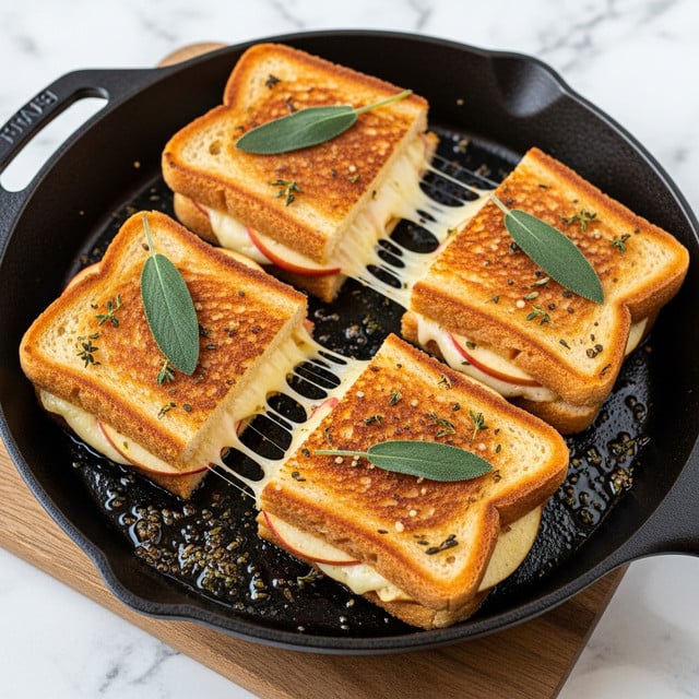 A black cast iron pan holds four thick grilled cheese sandwiches, each slice toasted to a deep golden brown with some darker edges. The sandwiches are cut into quarters, showing melted cheese stretching slightly from the bread, and thin slices of what looks like apples or pears inside. Each sandwich quarter is topped with a fresh sage leaf, adding a touch of green. Small bits of herbs and melted butter pool in the pan around the sandwiches, giving a shiny, crispy texture to the surface. The pan sits on a wooden board, set against a white marbled texture that fills the background photo taken with an iphone --ar 4:5 --v 7