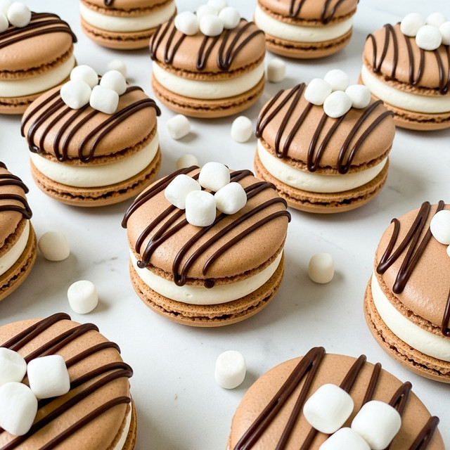 The image shows many light brown macarons spread out on a white marbled texture. Each macaron has two smooth, round, light brown shells with a thick layer of white cream sandwiched in the middle. The top shells are decorated with dark chocolate drizzles in diagonal lines, and scattered small white mini marshmallows are placed on top of the chocolate drizzle. Some mini marshmallows are also scattered around the macarons on the surface. The texture of the macaron shells is smooth with slightly rough edges typical of macarons. Photo taken with an iphone --ar 4:5 --v 7