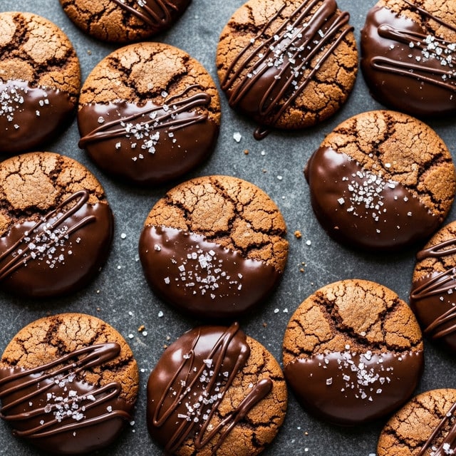 This image shows a group of round cookies with a cracked, rough texture and a dark brown color. Each cookie is partially dipped in smooth, shiny dark chocolate covering about half of the cookie, with some chocolate drizzle lines on top and small bits of sprinkled salt or sugary flakes. The cookies are placed closely together on a dark gray surface with a slightly rough and uneven texture. Photo taken with an iphone --ar 4:5 --v 7