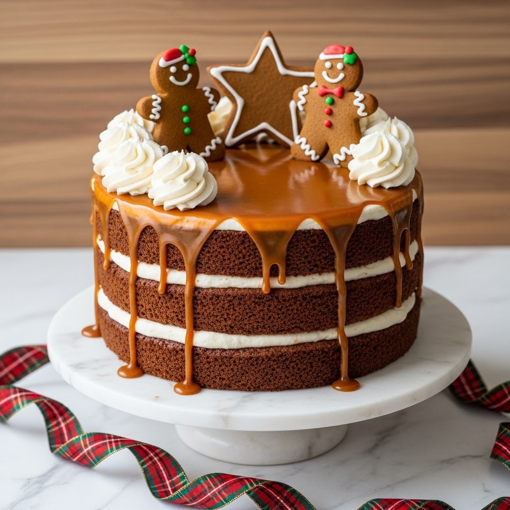 The image shows a three-layer gingerbread cake with light cream frosting between each layer and around the sides. Caramel sauce drips down the sides of the cake from the top, creating a glossy and smooth texture. The top layer is decorated with two gingerbread people cookies with white icing details and small green and red decorations on their heads, alongside a gingerbread star cookie outlined in white icing. Swirls of white whipped cream circle the gingerbread figures on top. The cake sits on a white marble cake stand with a red and green plaid ribbon draped around its base, all placed on a white marbled surface with a warm wooden background. Photo taken with an iphone --ar 4:5 --v 7
