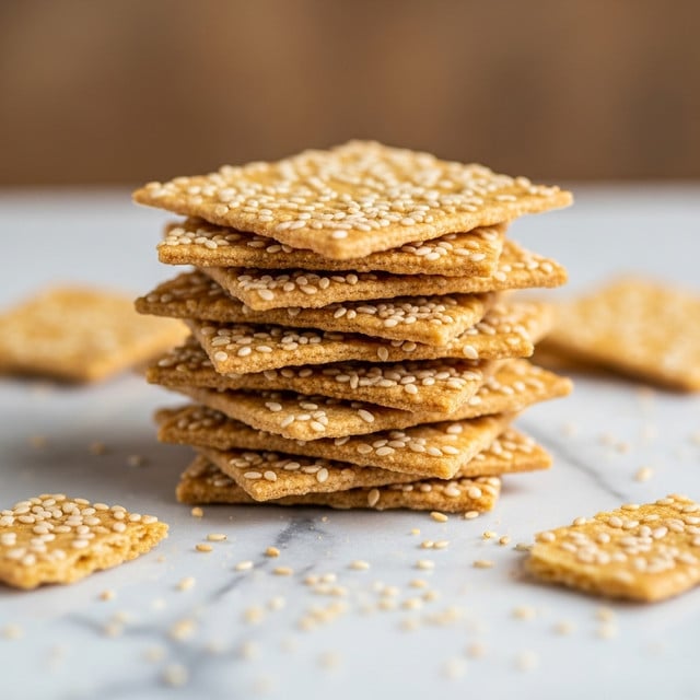 The image shows a stack of crispy square crackers with a light golden brown color, topped with scattered sesame seeds. The stack has about eight uneven layers, each cracker thin and slightly rough in texture. Around the stack, there are a few broken cracker pieces and loose sesame seeds spread on a white marbled surface. The background is blurred with a warm brown tone, focusing on the stack of crackers. photo taken with an iphone --ar 4:5 --v 7