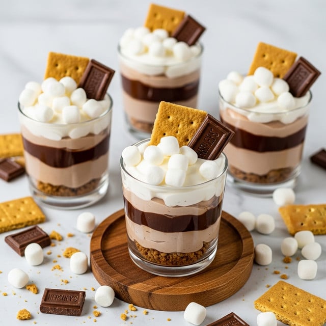 The image shows four small clear glass cups filled with a layered s’mores dessert, each with three visible layers: a bottom layer of smooth light brown chocolate mousse, a middle layer of dark chocolate, and a top layer of fluffy white whipped cream. The whipped cream is covered with small white mini marshmallows, and each cup is decorated with a rectangular golden-brown graham cracker and a small square of Hershey’s chocolate bar placed at an angle. The cups are arranged on a white marbled surface with scattered mini marshmallows, chocolate pieces, and crumbs around them, and one cup is placed on a round wooden coaster. The photo taken with an iphone --ar 4:5 --v 7