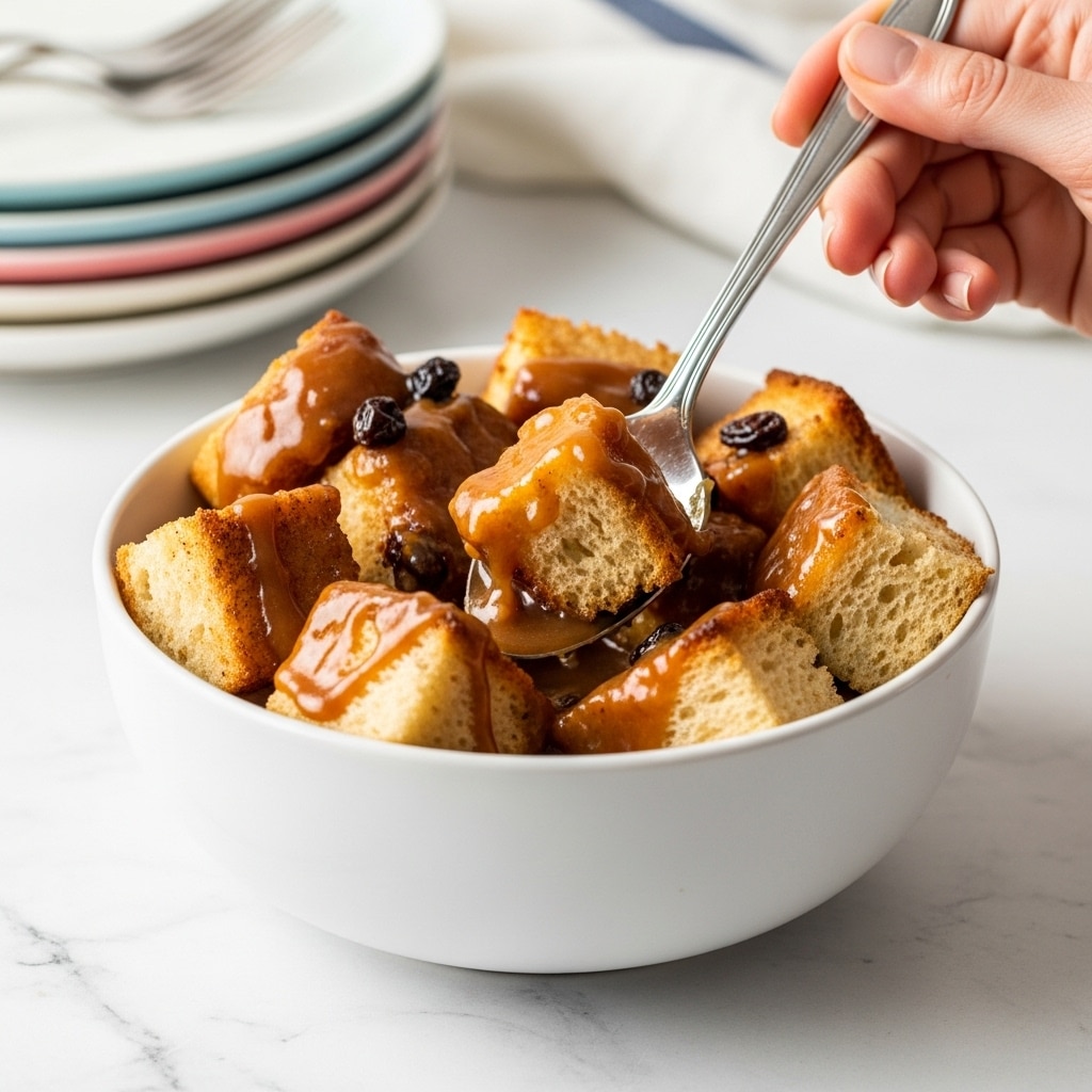 The image shows a white bowl filled with several chunks of soft bread soaked in a thick, caramel-colored sauce. The bread pieces are unevenly cut and appear slightly browned on the edges, adding a textured look. A silver spoon is scooping some of the sauce and bread from the bowl, with a woman's hand holding the bowl from behind. The bowl sits on a white marbled textured surface, with a stack of colorful, blurred plates in the background, giving a cozy and warm feel. photo taken with an iphone --ar 4:5 --v 7