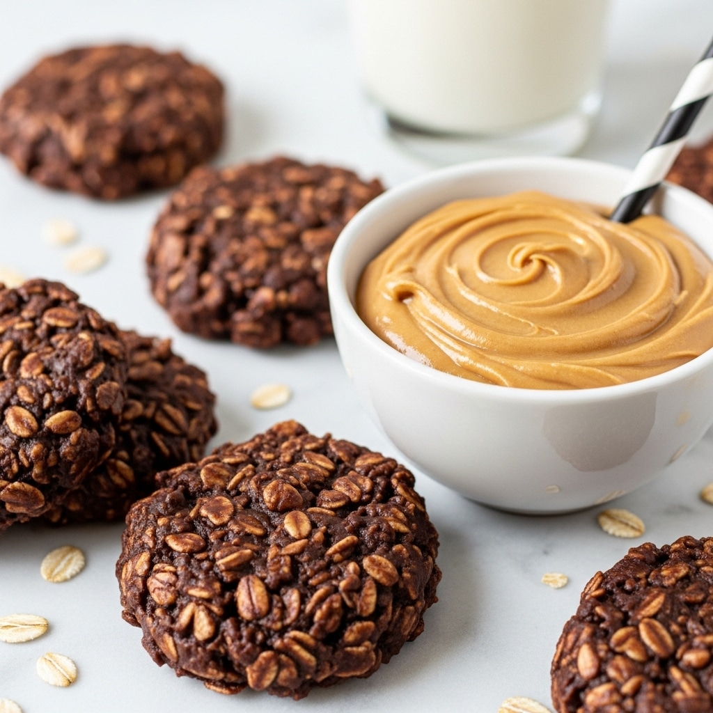 A close-up view of several no-bake chocolate oat cookies with rough, lumpy textures made visible by oats in a rich, glossy chocolate mix. One cookie leans against a white bowl filled with smooth, creamy light brown peanut butter that has soft swirls on its surface. The cookies are arranged randomly on a white marbled texture, with scattered oat flakes adding detail. A glass of milk with a black and white straw appears blurred in the background. photo taken with an iphone --ar 4:5 --v 7