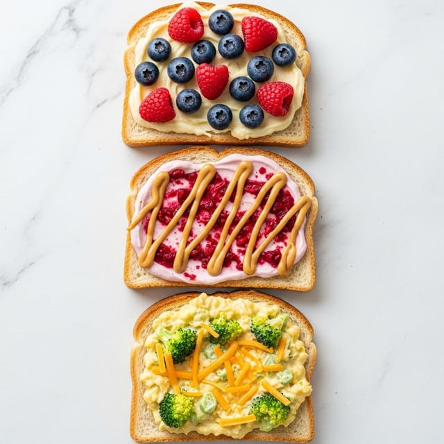 Three slices of toasted white bread are laid out on a white marbled surface in a vertical line. The top slice has a creamy pale yellow spread, topped with fresh red raspberries and dark blue blueberries arranged in a scattered pattern. The middle slice shows a light pink layer with bits of red, drizzled with smooth light brown peanut butter. The bottom slice has a creamy yellow mixture with small green broccoli pieces and shredded orange cheese mixed throughout, filling the center of the bread. Each slice has slightly browned edges from toasting. photo taken with an iphone --ar 4:5 --v 7
