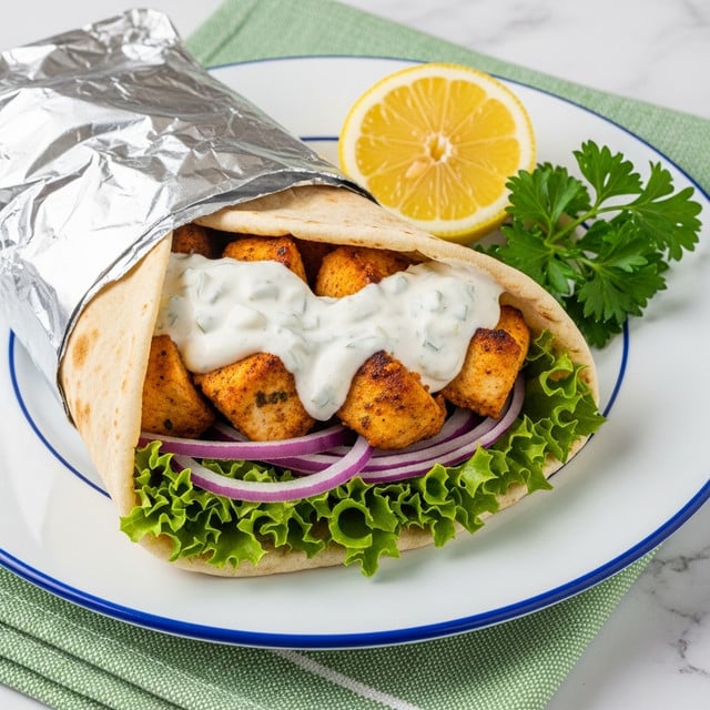 A pita wrap partially covered in shiny silver foil sits on a white plate with a thin blue rim, placed on a white marbled surface with a green-striped cloth underneath. The wrap is open on one side, showing layers starting with fresh curly green lettuce leaves at the bottom, followed by thin slices of red onion. Above the vegetables are golden-brown grilled chicken pieces, topped with a generous layer of creamy white sauce that has a slightly thick texture. On the plate next to the wrap, there is a bright yellow lemon wedge and a small bunch of green parsley. Photo taken with an iphone --ar 4:5 --v 7