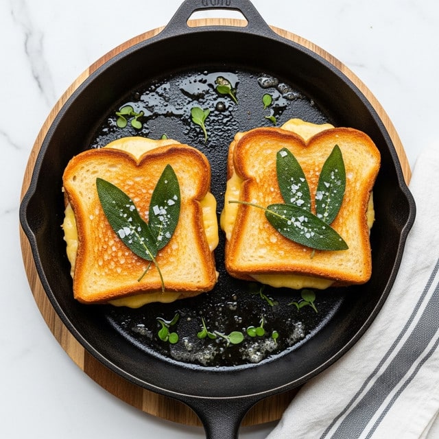 Two grilled cheese sandwiches are shown in a black cast iron pan resting on a wooden board, which is placed on a white marbled surface. Each sandwich has two golden brown toasted bread slices with a slightly crispy texture and melty cheese oozing out from between the layers. On top of each sandwich are three fried sage leaves with a light dusting of salt. Around the sandwiches in the pan, there's a shiny layer of melted butter and small green herb sprigs scattered. In the bottom right corner, a white and gray striped cloth is partially visible. photo taken with an iphone --ar 4:5 --v 7