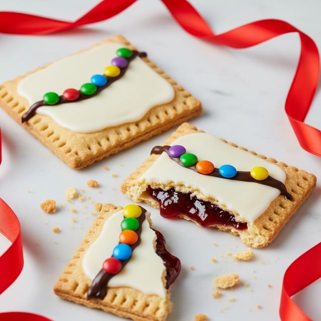 The image shows two square-shaped pastries with golden-brown crusts on a white marbled surface, one whole and one broken in half to reveal a thick, dark red jelly filling inside. On top of each pastry is a smooth layer of white icing, decorated with a string of colorful small candies in green, purple, red, blue, orange, and yellow, connected by thin lines of dark chocolate icing. Crumbs are scattered around the broken pastry, adding texture and detail. A bright red ribbon weaves through the background. photo taken with an iphone --ar 4:5 --v 7