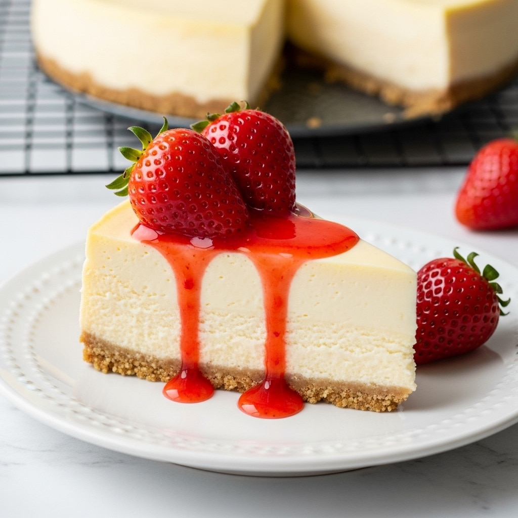 A slice of cheesecake sits on a white plate with a white marbled texture beneath, showing three clear layers: a golden brown crumbly crust at the bottom, a thick creamy off-white middle layer, and a smooth pale yellow top layer. Two glossy red strawberries with seeds are placed on top, with bright red strawberry sauce dripping down the sides and pooling slightly on the plate, while a third strawberry rests to the right side of the slice. In the background, the remaining cheesecake can be seen on a wire rack. Photo taken with an iphone --ar 4:5 --v 7