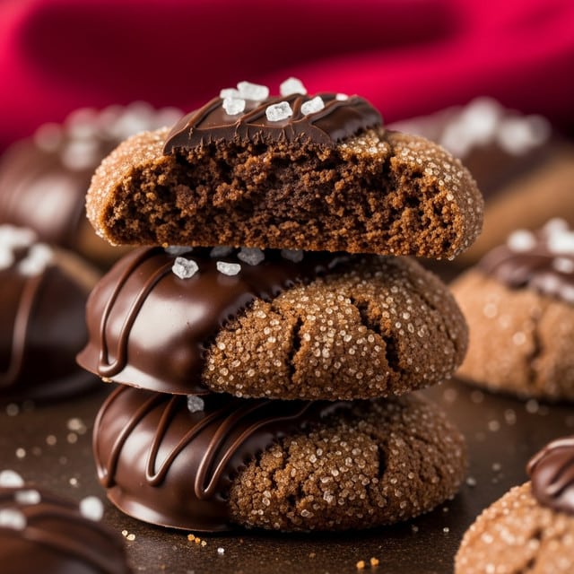 A close-up view of a stack of three chocolate cookies with dark chocolate partially covering each cookie, showing a rough, crumbly texture on the exposed cookie parts and a smooth, shiny dark chocolate layer with some drizzle patterns and small crystallized sugar pieces on top. The cookies have a warm brown color with sugar granules visible on the surface, sitting directly on a dark brown textured surface with more cookies blurred in the background, and a deep red cloth out of focus behind. photo taken with an iphone --ar 4:5 --v 7