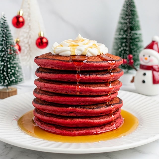 A stack of seven thick red pancakes sits in the center of a white plate with wavy edges, each pancake showing a soft, porous texture with dark spots and a deep red color. The stack is topped with a swirl of white cream and lightly drizzled with golden syrup that pools around the base of the pancakes on the plate. The background has festive decorations, including a small white Christmas tree with red baubles, a miniature green pine tree, and a snowman figure, all set against a white marbled surface. photo taken with an iphone --ar 4:5 --v 7