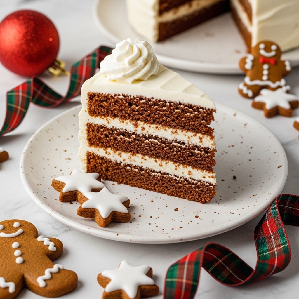 A slice of three-layer gingerbread cake sits on a white plate with light speckles; the layers are dark brown, slightly crumbly, with thick white cream frosting between each layer and a dollop of whipped cream on top, the sides are also coated with thin white frosting. On the plate near the cake, there are two small star-shaped gingerbread cookies with white icing outlining the edges. Surrounding the plate, there is a gingerbread man cookie with white icing decoration, a red glitter ornament, and a green and red plaid ribbon. The scene is set on a white marbled texture surface. Photo taken with an iphone --ar 4:5 --v 7