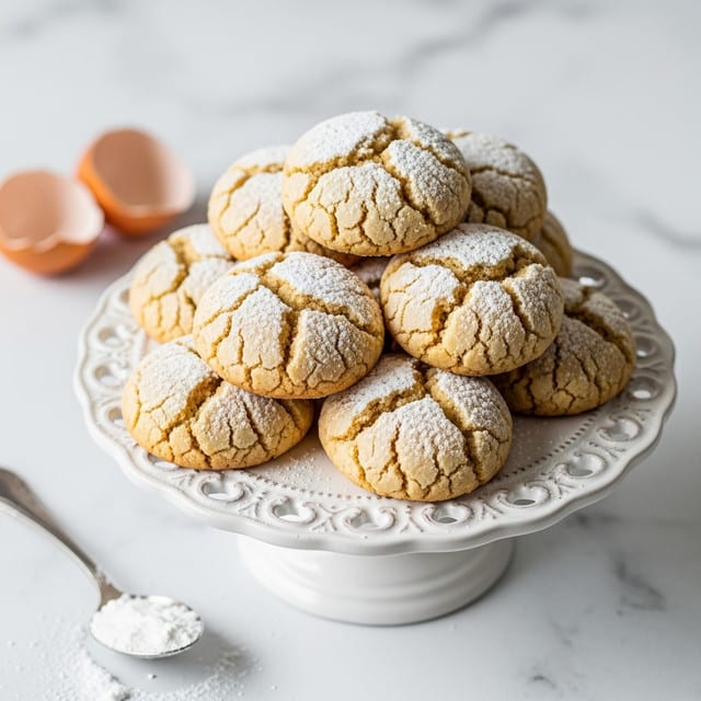 A white decorative cake stand holds a stack of round, golden brown cookies, each cracked on top and lightly dusted with powdered sugar, giving a soft white coating that highlights their rough texture. The cookies are piled in a slightly overlapping way, rising in uneven layers toward the center. Around the base of the stand on a white marbled texture surface, there is a spoon with some powdered sugar spilled nearby, and in the blurred background, two cracked eggshells rest to the left, adding a hint of warm orange-brown color. photo taken with an iphone --ar 4:5 --v 7