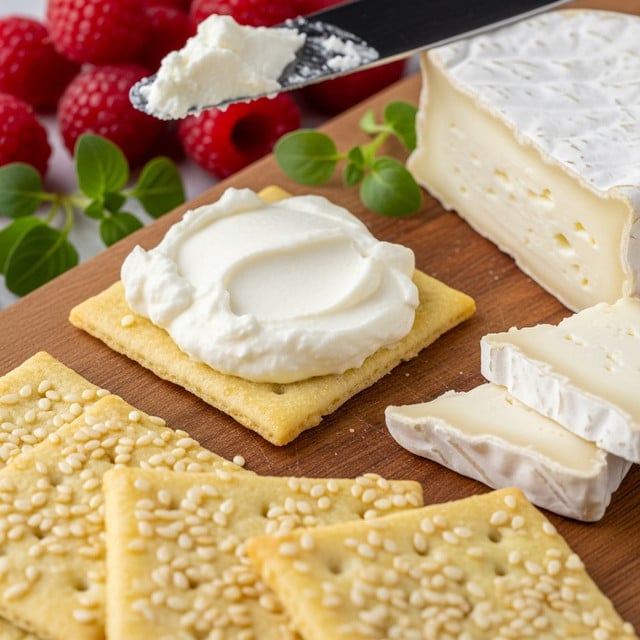 The image shows a close-up of a crispy light golden cracker topped with a thick, creamy layer of white cheese with smooth and soft texture. The cracker rests on a wooden board that holds more light golden crackers sprinkled with sesame seeds. Nearby, a wedge of soft white cheese with a white rind is partially sliced, and a silver knife with some cheese spread is seen above the cracker. In the background, there are fresh bright red raspberries and small green herb leaves adding color contrast. photo taken with an iphone --ar 4:5 --v 7