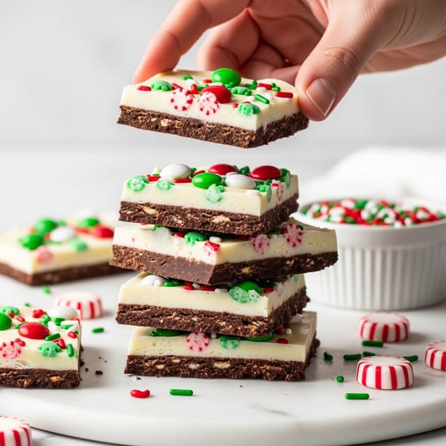 A stack of five pieces of peppermint bark is shown on a white marbled surface. Each piece has a dark chocolate bottom layer with a rough texture, topped with a thick white chocolate layer that is smooth and creamy. Colorful red, green, and white candy sprinkles are scattered on top of the white chocolate, adding a festive touch. A woman's hand is holding one piece of the bark above the stack. In the background, there is a small white bowl filled with more red, green, and white sprinkles, along with a few whole peppermint candies around the stack. Photo taken with an iphone --ar 4:5 --v 7