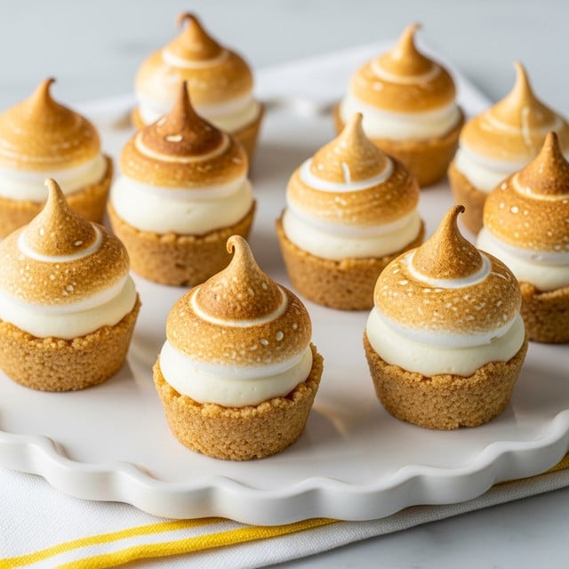 The image shows small tartlets arranged on a white scalloped plate with a white marbled texture. Each tartlet has three layers: the bottom layer is a light golden-brown crumbly crust forming a small cup shape; the middle layer is a smooth, creamy white filling that rises just above the crust; the top layer is a toasted, fluffy meringue with a light golden-brown color on its peak, slightly uneven and varied in shape. The tartlets are placed on a white napkin with yellow stripes, adding a touch of color under them. The arrangement is neat, capturing the soft textures of the meringue and the crumbly appearance of the crust, with natural lighting highlighting the warm tones. Photo taken with an iphone --ar 4:5 --v 7