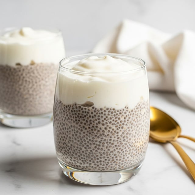 A clear glass filled with two layers, the bottom layer is a light brown chia pudding with visible dark chia seeds evenly spread throughout its smooth texture, filling about three-quarters of the glass. The top layer is a thick, creamy white foam or yogurt-like topping taking up the remaining quarter. In the background, there is another identical glass with the same layers slightly out of focus. To the side, there are gold spoons resting on a surface with a white marbled texture, and a white cloth is loosely folded in the background. Photo taken with an iphone --ar 4:5 --v 7