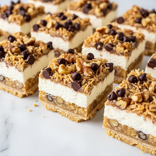 The image shows two thick, square dessert bars stacked on top of each other with a white marbled texture background. Each bar has three distinct layers: the bottom layer is a dense, golden-brown crumbly crust; the middle layer is a creamy, pale yellow cheesecake filling dotted with melted dark brown chocolate chips; and the top layer is a rough topping made of toasted coconut flakes with whole melted chocolate chips embedded in it. Crumbs and coconut flakes are scattered around the bars on a white parchment paper, adding texture and detail. Photo taken with an iphone --ar 4:5 --v 7