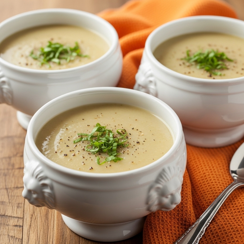 Three white bowls filled with creamy light beige soup are placed on a wooden surface with an orange textured cloth beside them. Each bowl has a smooth, thick soup topped with small chopped green herbs and a few sprinkles of black pepper. The bowls have a decorative lion face detail on their sides. The scene is softly lit, highlighting the smooth texture of the soup and the vibrant green garnish. photo taken with an iphone --ar 4:5 --v 7