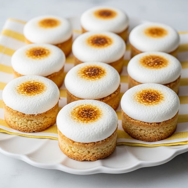The image shows nine small tartlets arranged neatly on a white scalloped plate with a white marbled texture underneath. Each tartlet has two visible layers: the bottom layer is a light golden-brown shortcrust pastry shell with a crumbly texture, and the top layer is a fluffy white marshmallow topping with a toasted golden-brown spot on the top center. A striped napkin with yellow and white lines runs under the tartlets, adding a simple touch of color to the scene. The lighting is soft and natural, highlighting the textures and warm colors of the treats. Photo taken with an iphone --ar 4:5 --v 7