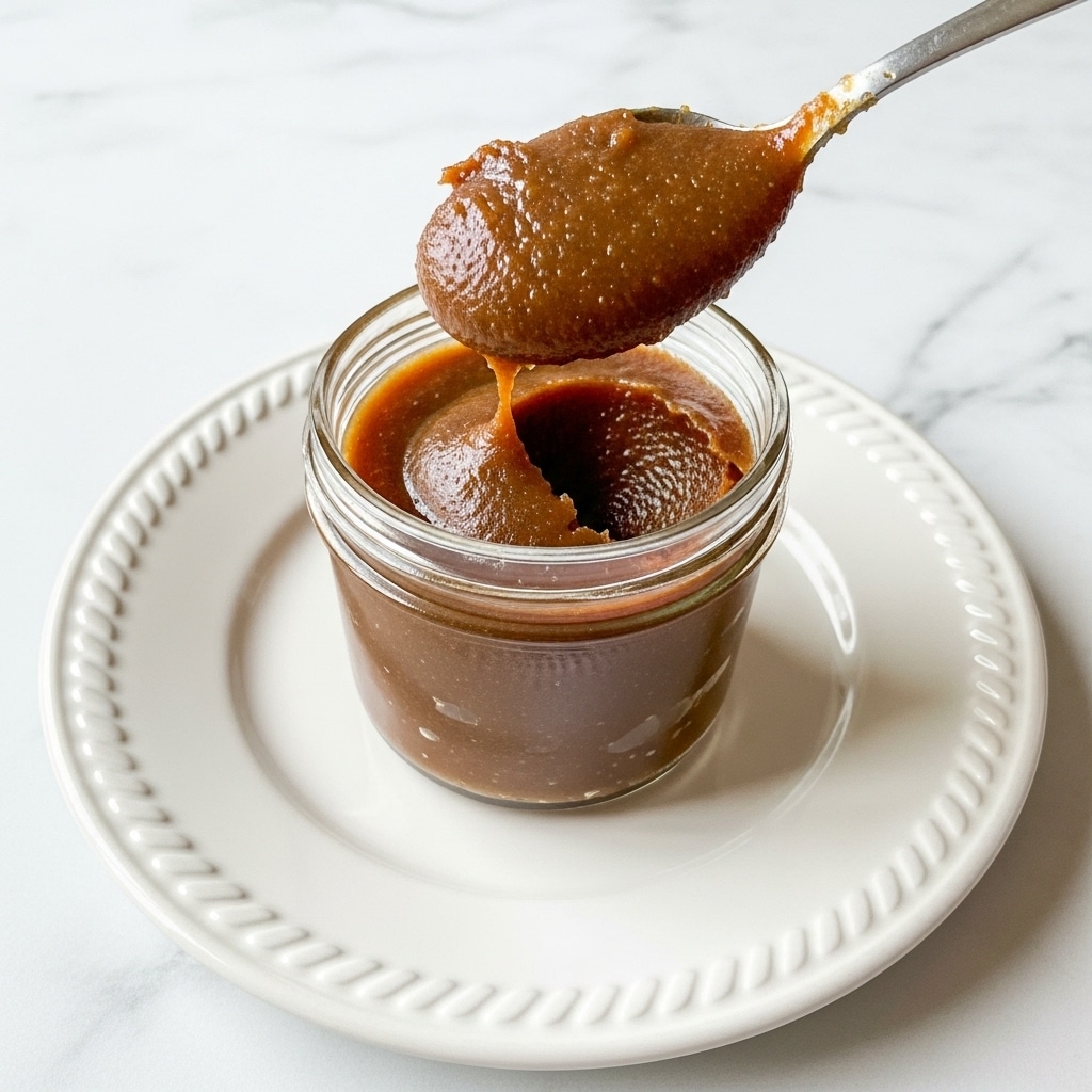 A small clear glass jar filled with a thick, brown paste with a slightly glossy and textured surface. A silver spoon is scooping the paste from the jar, showing the smooth but dense consistency that holds its shape. The jar is centered on a white plate with a raised braided edge, all placed on a white marbled texture surface. photo taken with an iphone --ar 4:5 --v 7