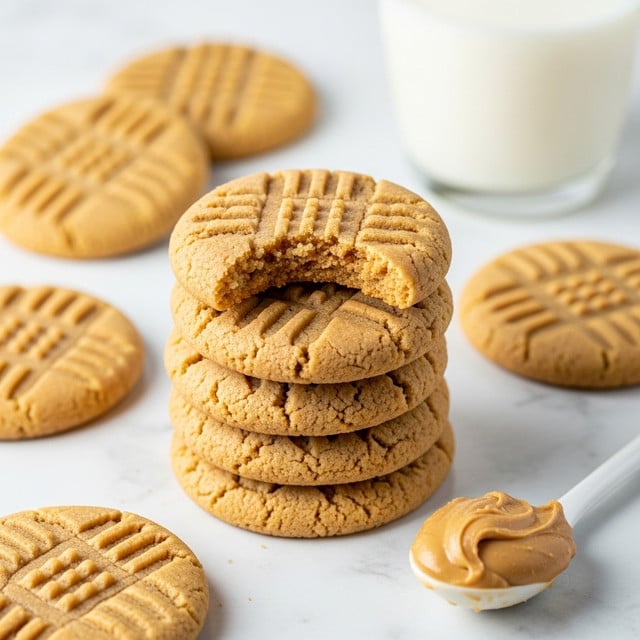 A stack of five light brown peanut butter cookies with a crisscross fork pattern sits in the center, with the top cookie having a bite taken out of it showing a soft, crumbly texture inside. Around the stack, there are more peanut butter cookies lying flat and a white spoon filled with creamy peanut butter is placed nearby. In the background, a glass of milk is partially visible, all set on a white marbled surface. photo taken with an iphone --ar 4:5 --v 7