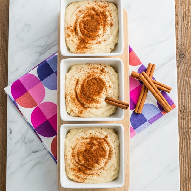 Three white square bowls are placed vertically on a light wooden board over a white marbled textured surface with a colorful napkin beside it showing pink and purple round shapes. Each bowl is filled with a creamy, pale beige pudding that is sprinkled with a light dusting of reddish-brown cinnamon powder across the top. In the middle bowl, a cinnamon stick is placed partly resting on the edge and partly into the pudding. To the right on the napkin, there are three more cinnamon sticks stacked together. The wood beneath has a rustic, warm brown tone. photo taken with an iphone --ar 4:5 --v 7