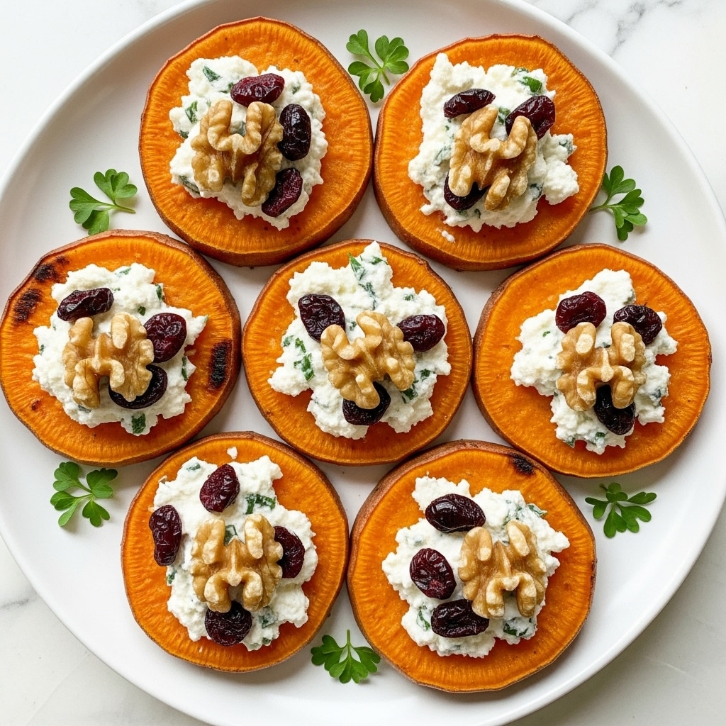 The dish shows six round orange slices of roasted sweet potato with a slightly charred edge, arranged close together on a white plate. Each sweet potato slice has a dollop of creamy white cheese mixed with small green herb pieces on top. On the cheese, there are a few dark red dried cranberries and a large light brown walnut half. Small green herb sprigs are scattered around the plate on a white marbled texture surface. The bright colors contrast nicely, with a warm and fresh look. photo taken with an iphone --ar 4:5 --v 7