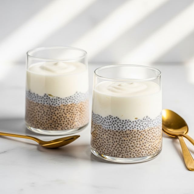 The image shows two clear glasses filled with a two-layer dessert placed on a white marbled surface. Each glass contains a bottom layer of light brown chia pudding with visible black chia seeds spread evenly throughout, creating a textured look. The top layer is a thick, smooth white cream, sitting neatly above the chia pudding. Both glasses are positioned near each other, with one glass slightly behind the other, and a few golden spoons rest beside them on the surface. The background is softly blurred with light patterns, drawing focus to the glasses. Photo taken with an iphone --ar 4:5 --v 7