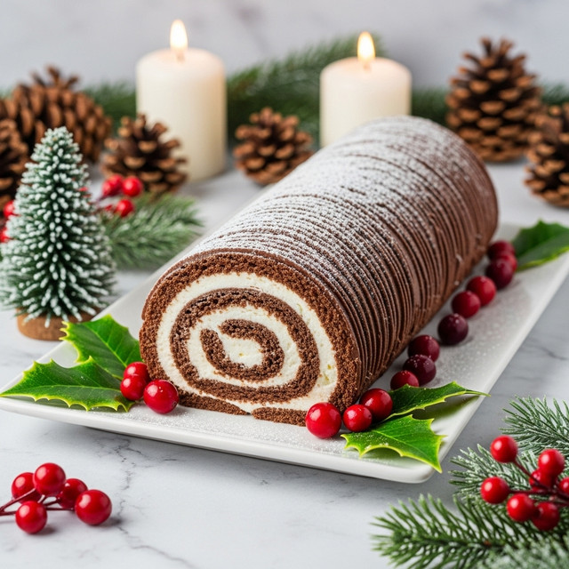 A chocolate roll cake with three visible layers is displayed on a white plate decorated with green holly leaves and red berries. The outer layer is a textured dark brown chocolate coating dusted lightly with powdered sugar, giving it a snowy look. Inside, a swirl pattern shows alternating layers of dark brown chocolate sponge and creamy white filling. Around the cake, there are small red cranberries with a light dusting of powdered sugar and a small green pine branch also sprinkled with powdered sugar. In the background, there are blurry white candles and frosted pine cones creating a warm, festive atmosphere on a white marbled surface. photo taken with an iphone --ar 4:5 --v 7