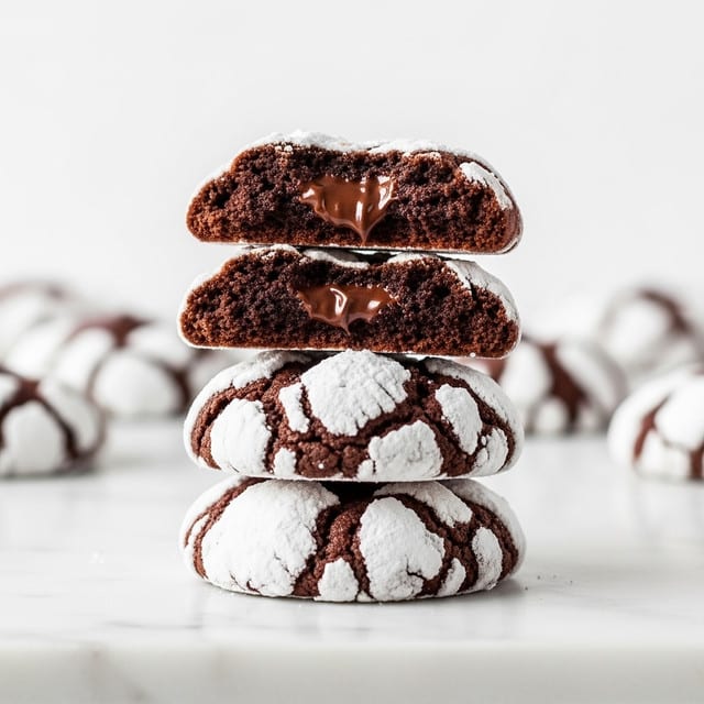 The image shows a stack of three chocolate crinkle cookies placed on a white marbled surface. The bottom cookie is whole with a cracked white powdered sugar coating, the middle cookie is broken in half, showing a moist, dark chocolate inside, and is placed directly on top of the whole cookie. The top cookie, also broken to show its rich, dark chocolate center, rests on the middle cookie, completing the three-layer stack. The background is plain white with a soft focus on more cookies in the distance. Photo taken with an iphone --ar 4:5 --v 7