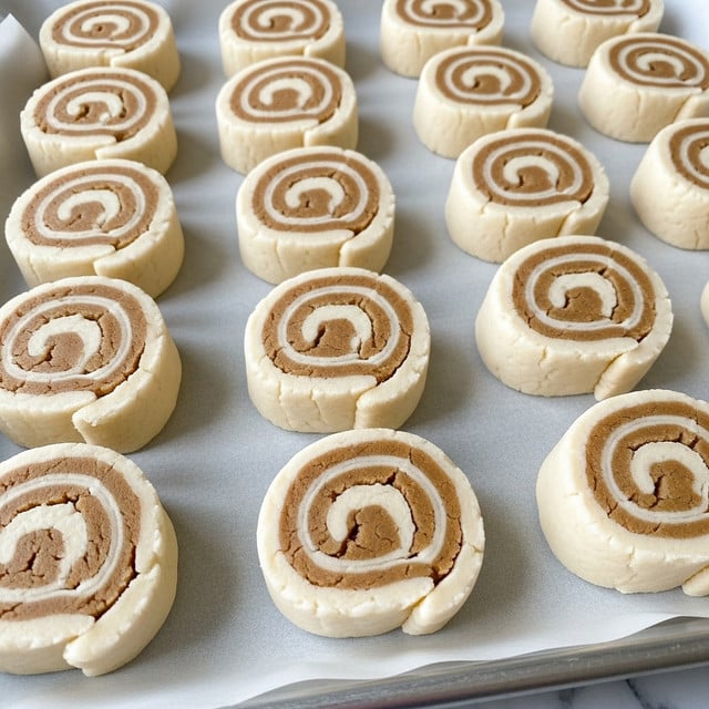 The image shows a close-up view of a baking tray lined with parchment paper holding 15 uncooked cookie dough pinwheels arranged in neat rows. Each pinwheel has two visible layers: a thick, smooth outer layer of white dough and an inner spiral layer of light brown dough, creating a clear swirl pattern in each piece. The dough looks soft and slightly crumbly with some small cracks and rough edges where slices were cut. The tray is set on a surface with a white marbled texture. Photo taken with an iphone --ar 4:5 --v 7