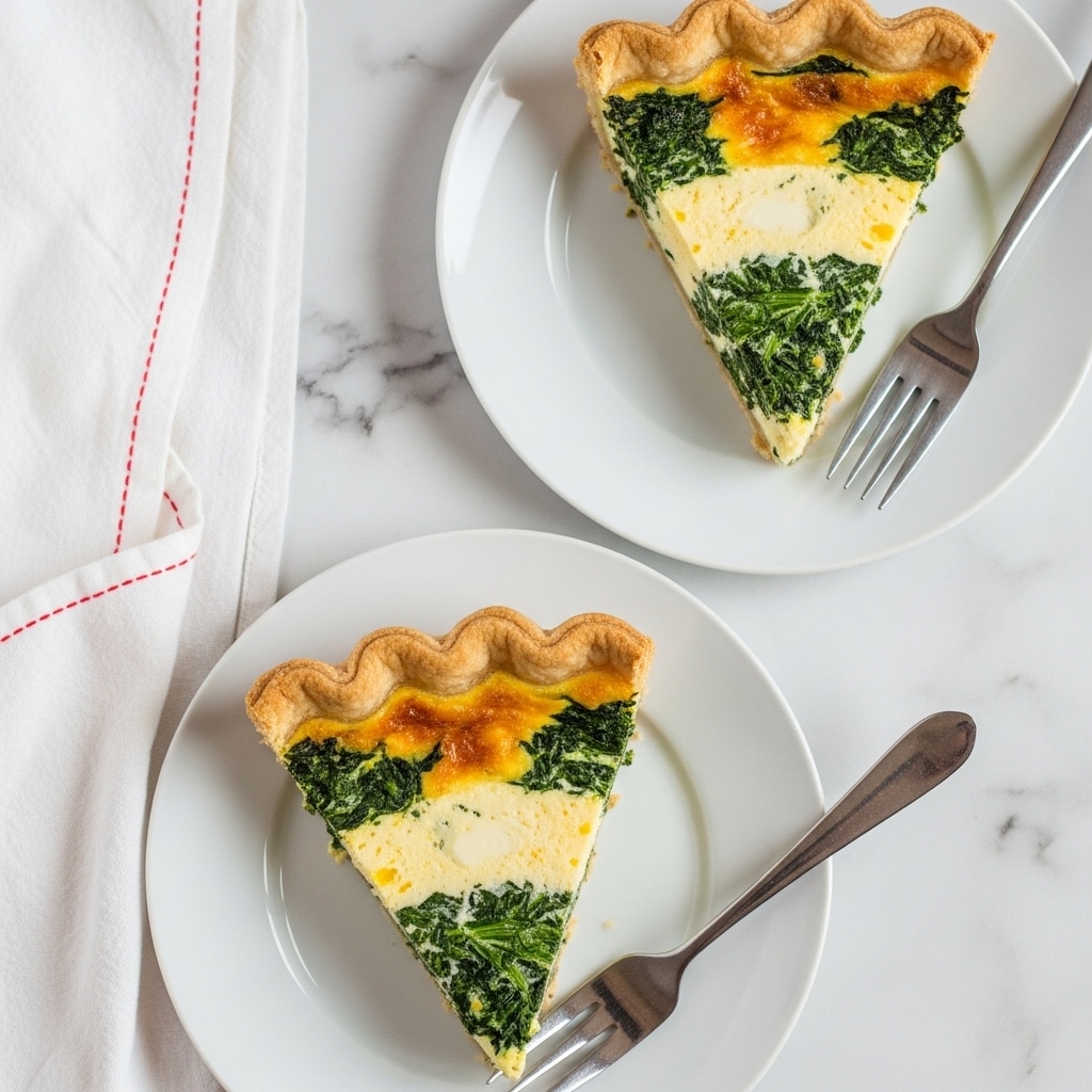 The image shows two slices of spinach quiche on white plates, placed on a white marbled surface. Each slice has a golden brown crust at the top edge with a flaky texture. The filling has two layers: a light yellow creamy egg mixture and dark green cooked spinach spread evenly throughout. There are small browned spots on the egg layer, showing it is baked. A silver fork lies on the edge of the plate in the bottom right, and another is placed on the top left plate. A white cloth with red stitching runs along the left side of the image. Photo taken with an iphone --ar 4:5 --v 7