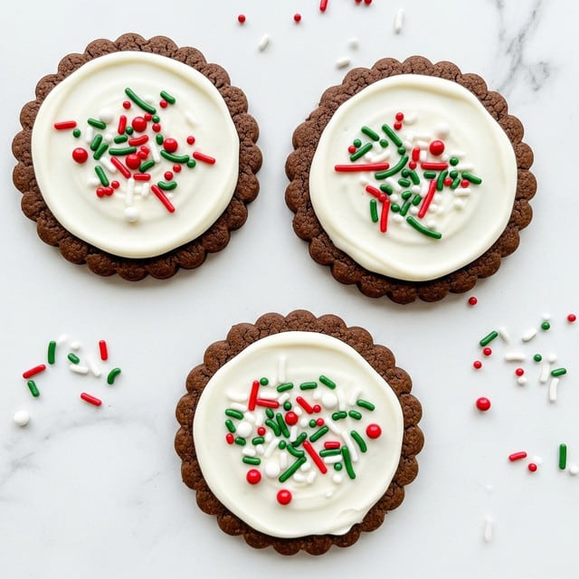 Three flat chocolate cookies with scalloped edges are placed on a white marbled surface. Each cookie has one thick, even layer of smooth white icing spread in a circle on top, covering the center but leaving the edges visible. On the icing, there are colorful sprinkles scattered in red, green, and white. The sprinkles include small round balls and thin white stick shapes, giving texture and contrast to the smooth icing and dark brown cookie underneath. Some sprinkles are scattered on the white marbled surface around the cookies. Photo taken with an iphone --ar 4:5 --v 7