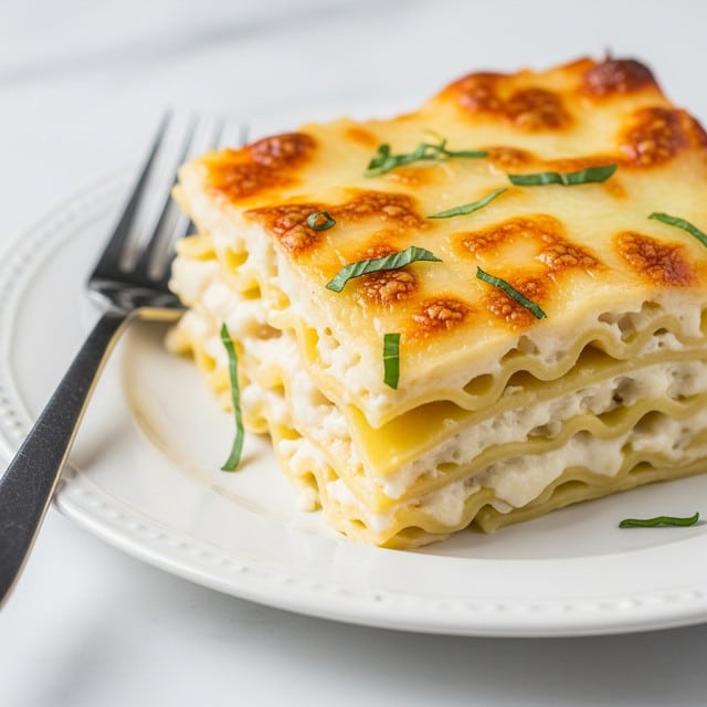 A close-up of a white plate with a creamy, cheesy lasagna piece showing about four layers of pasta and sauce. The top layer is golden brown and bubbly cheese with small green herb leaves scattered on it. The layers under the cheese show soft, slightly yellow pasta sheets with creamy white sauce in between. A silver fork lies on the plate to the left, and the plate sits on a white marbled surface. Photo taken with an iphone --ar 4:5 --v 7