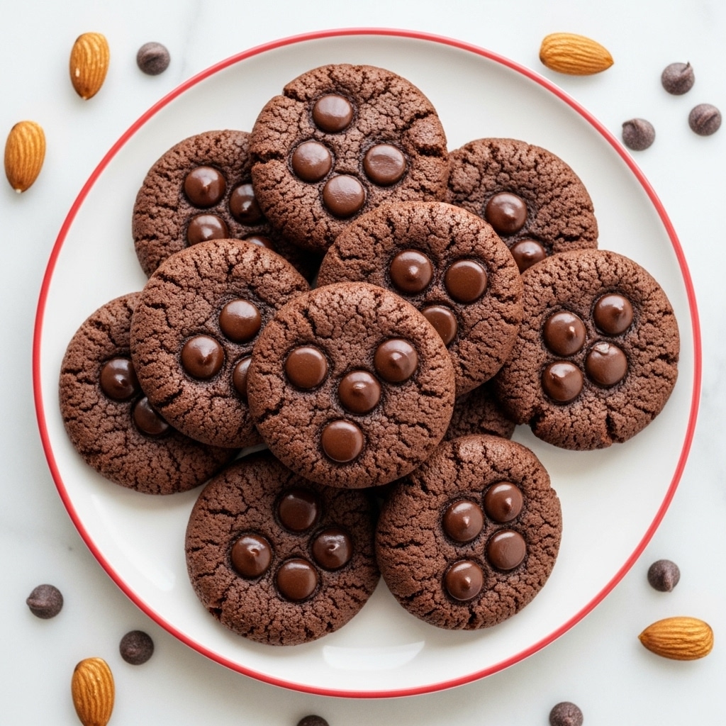 A white plate with a thin red rim holds a pile of soft, chunky chocolate cookies. Each cookie is dark brown and textured, dotted on top with shiny dark chocolate chips. The cookies look moist and thick, some overlapping others in a casual stack. Around the plate, a few almonds and chocolate chips are scattered on a white marbled surface. photo taken with an iphone --ar 4:5 --v 7