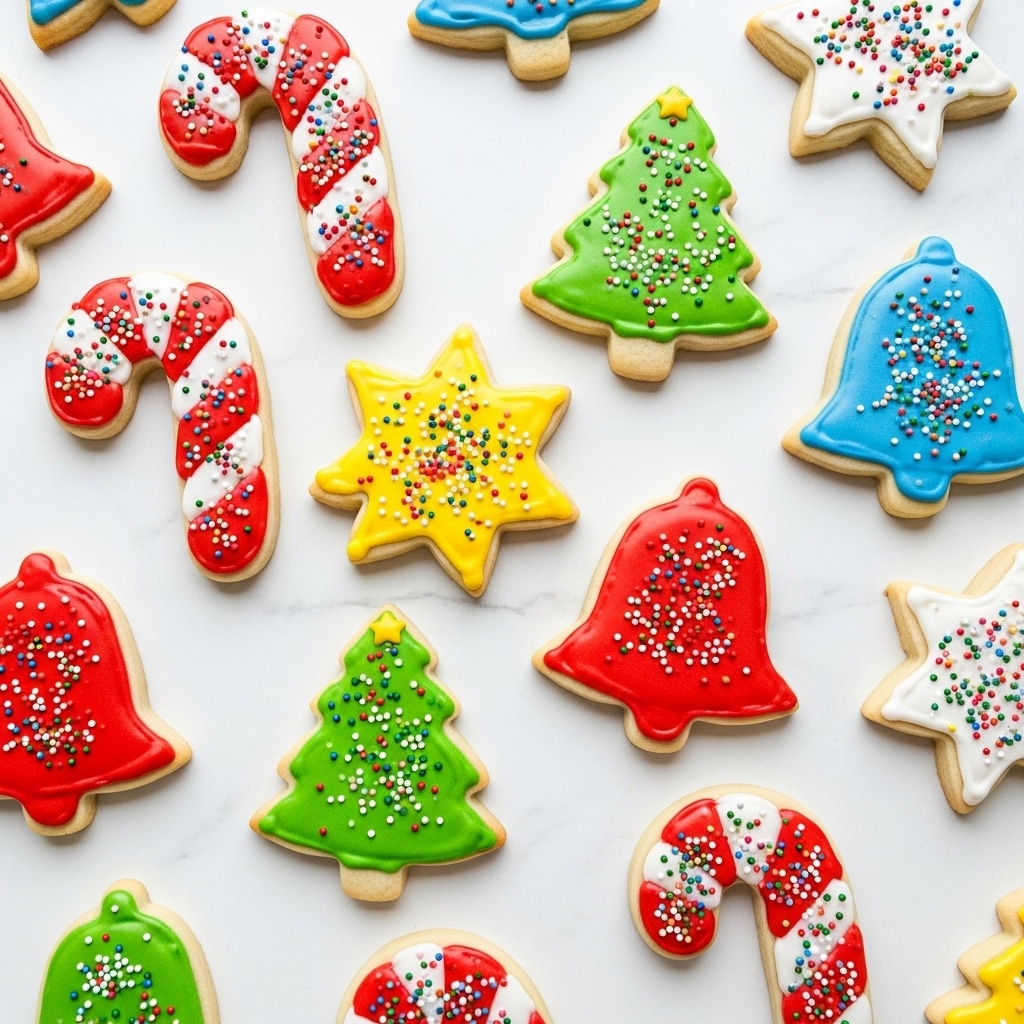 This image shows a variety of Christmas sugar cookies on a white marbled surface. The cookies are in shapes like candy canes, Christmas trees, stars, and bells. Each cookie has one main layer of smooth, colorful icing in bright red, green, blue, yellow, or white. On top of the icing are small, round sprinkles in many colors, adding texture and festive decoration. The edges of the cookies are golden brown, showing a soft baked texture. The cookies spread out evenly, creating a fun and colorful arrangement. Photo taken with an iphone --ar 4:5 --v 7