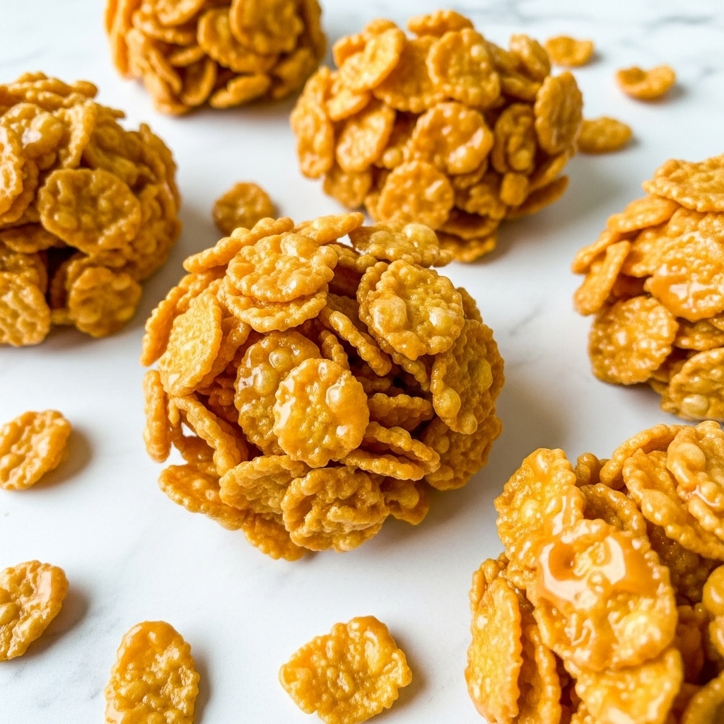 The image shows several round clusters of crispy corn flakes mixed with a glossy, light caramel coating, giving them a textured and slightly shiny look. Each cluster is made of many golden-yellow corn flakes tightly packed together, with some loose flakes scattered around them on a white marbled surface. The clusters have an uneven, chunky shape and appear crunchy. The overall color is warm orange and yellow tones. Photo taken with an iphone --ar 4:5 --v 7