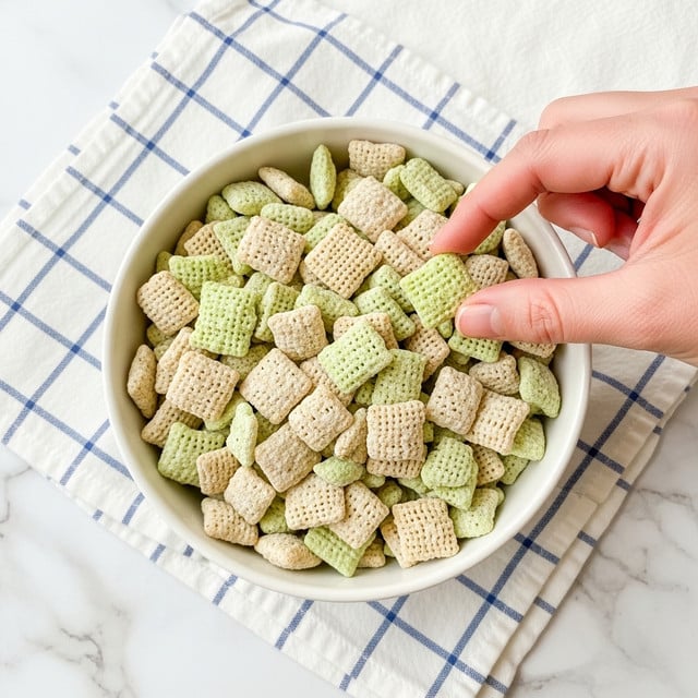 A white bowl filled with light beige and pale green square cereal pieces that have a rough texture with some powder coating. A woman's hand is picking up one pale green cereal piece from the bowl. The bowl is placed on a white marbled surface covered with a white cloth that has a blue grid pattern. Photo taken with an iphone --ar 4:5 --v 7