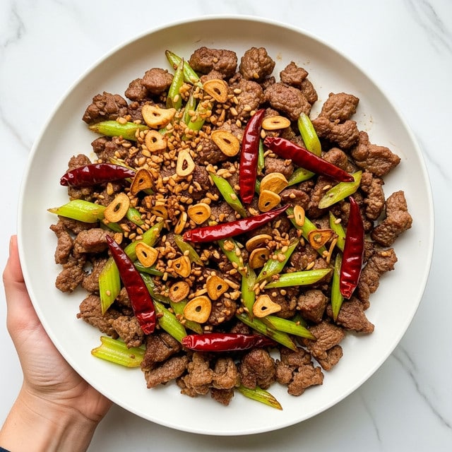 The image shows a white plate full of cooked meat pieces mixed with green celery slices and red dried chili peppers, topped with golden toasted garlic slices scattered all over. The meat looks tender and slightly browned, creating a rich brown layer. The celery adds fresh green patches on top of the meat layer, while the shiny red chili pieces contrast with the neutral colors. The toasted garlic bits add texture and a light brown color scattered mainly on the upper parts of the dish. A woman’s hand is holding the plate from underneath, against a white marbled background. photo taken with an iphone --ar 4:5 --v 7