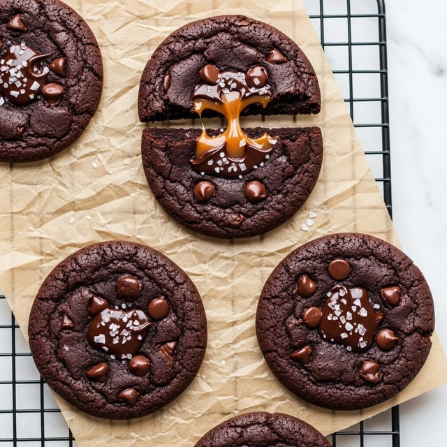 The image shows four dark chocolate cookies with a rich, fudgy texture placed on crinkled brown parchment paper over a black metal cooling rack. The top cookie is broken in half, revealing a gooey caramel and melted chocolate center with small crunchy salt flakes sprinkled on top. Each cookie has a slightly cracked surface with visible chocolate chips embedded inside. The background is a white marbled texture. Photo taken with an iphone --ar 4:5 --v 7