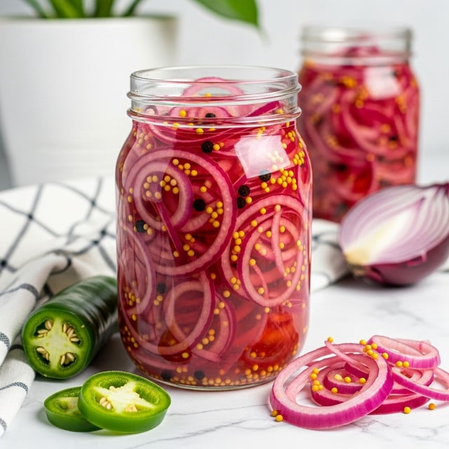 The image shows a clear glass jar filled with thinly sliced pink and red pickled onions, mixed with whole black peppercorns and small yellow mustard seeds, all soaked in a translucent pinkish brine. The jar is placed on a white marbled surface with a black and white checkered cloth nearby. In front of the jar lies a green sliced jalapeño pepper and some loose pickled onion rings with mustard seeds. In the background, there is a blurred second jar filled with a similar pickled onion mix, a halved red onion, and a white pot with a green plant. Photo taken with an iphone --ar 4:5 --v 7