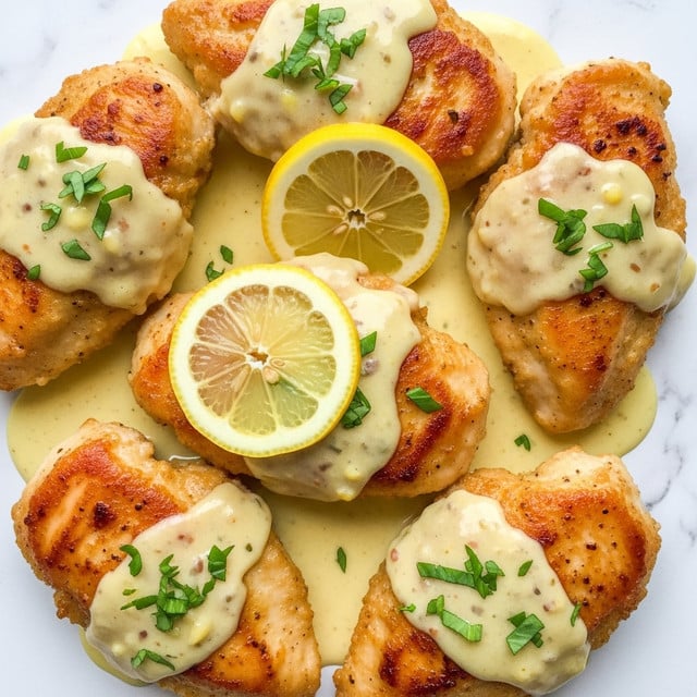 The image shows several golden brown, crispy chicken breasts coated in a creamy light yellow sauce with small green herb pieces scattered on top. Three thin lemon slices sit atop the chicken, adding bright yellow and white contrast. The chicken pieces are close together, fully covered in the smooth sauce that pools around them. The background is a white marbled texture. photo taken with an iphone --ar 4:5 --v 7