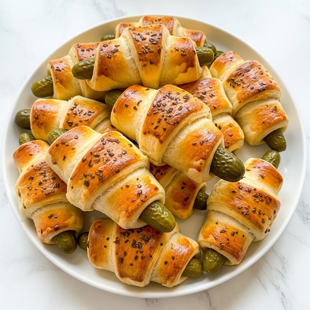 The image shows a white plate filled with several golden-brown crescent rolls, each wrapped around a small green pickle. The crescent rolls have a soft, flaky texture with a shiny baked surface sprinkled with small bits of dark herbs. The pickles peek out from one end of the rolls, adding a bright green contrast to the warm golden tones of the pastry. The white plate sits on a white marbled textured surface, and the overall look is warm and inviting. photo taken with an iphone --ar 4:5 --v 7