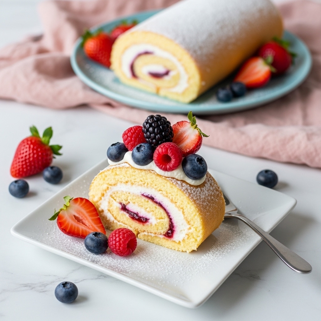 A light yellow Swiss roll cake slice is placed on a white square plate, dusted lightly with powdered sugar. The cake has two visible layers: a soft sponge cake rolled around a white cream filling and a thin layer of red jam visible inside. On top of the cream, fresh mixed berries—blueberries, raspberries, and sliced strawberries—are arranged neatly, with a few berries scattered around the plate. A silver fork rests beside the cake slice. In the background, a whole Swiss roll dusted with powdered sugar lies on a light blue plate, placed on a soft pink cloth on a white marbled surface, with some strawberries and blueberries scattered nearby. Photo taken with an iphone --ar 4:5 --v 7