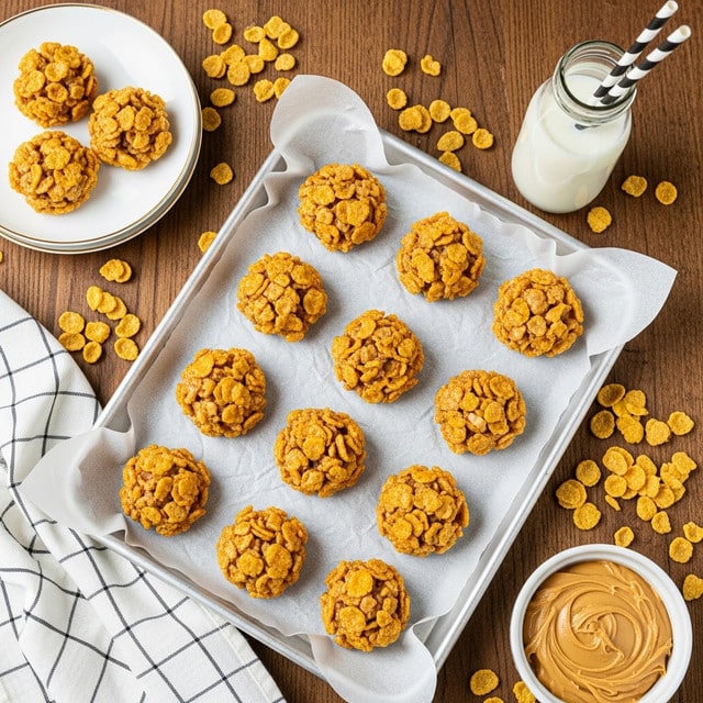 A baking tray lined with white crinkled parchment paper holds eleven small clusters of golden-brown cornflake peanut butter cookies, each round with a rough, chunky texture. The tray sits on a wooden surface with scattered cornflakes around it. At the top left, a white plate with a gold rim carries two more clusters. Near the bottom right, a white bowl filled with creamy peanut butter sits beside scattered cornflakes. A glass bottle of milk with two black and white striped straws stands at the top right. A white cloth with black grid lines lies at the bottom left on the wooden surface. Photo taken with an iphone --ar 4:5 --v 7
