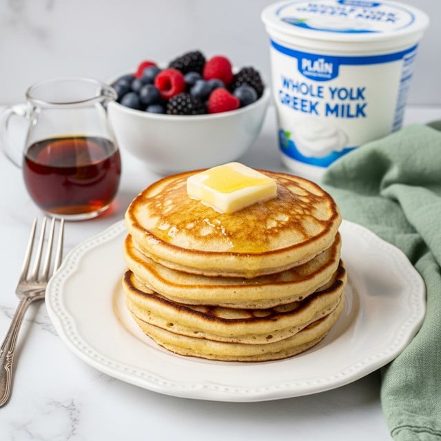 A stack of four thick, golden pancakes sits in the center of a white plate with a scalloped edge on a white marbled surface. The pancakes have slightly browned, crispy edges and soft, fluffy centers. On top of the stack is a square pat of melting butter, pale yellow and shiny. To the left of the plate is a silver fork, and behind the plate are a small glass pitcher of maple syrup, a white bowl filled with mixed blueberries, raspberries, and blackberries, and a tub of plain whole milk Greek yogurt. A soft green cloth is partially visible on the right side. photo taken with an iphone --ar 4:5 --v 7