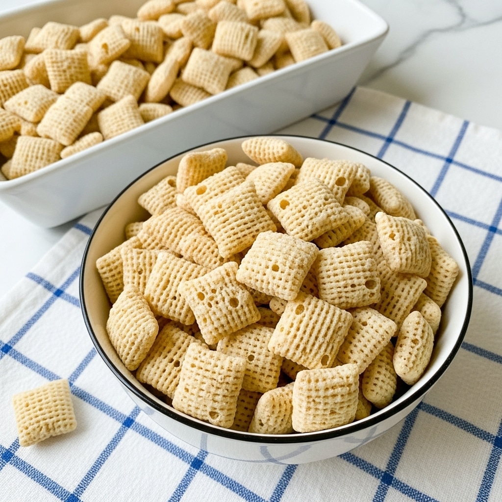The image shows a close-up of a bowl filled with light beige, square-shaped cereal pieces that have a slightly puffy texture with some rough edges and small holes. The bowl is white with a thin dark rim and rests on a white cloth with a blue grid pattern. Next to the bowl, there is a larger white rectangular dish also filled with the same cereal, placed on a white marbled surface. The scene is bright and clean, highlighting the texture and shapes of the cereal pieces. Photo taken with an iphone --ar 4:5 --v 7