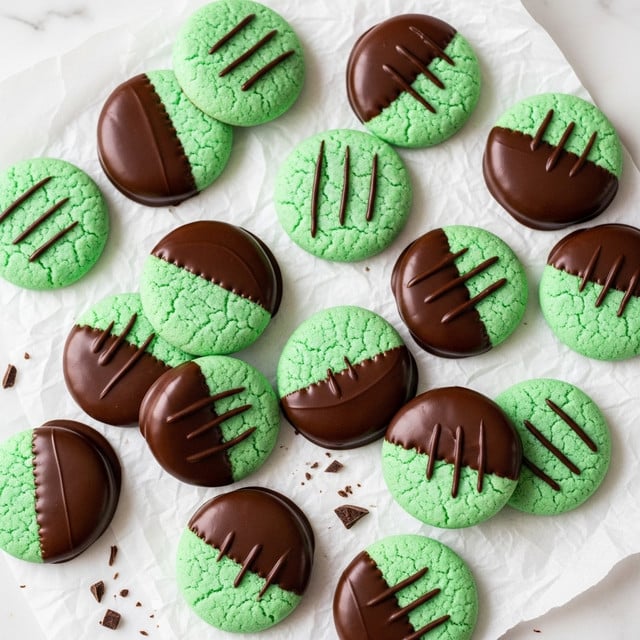 The image shows many round mint green cookies with three thin vertical lines pressed into their tops. Each cookie is dipped halfway in dark chocolate, creating a smooth glossy brown layer covering about half of the cookie, while the other half remains mint green with a matte texture. The cookies are scattered on a slightly crumpled white paper resting on a white marbled background. Some small pieces of broken chocolate are seen around the cookies, adding a bit of texture. photo taken with an iphone --ar 4:5 --v 7